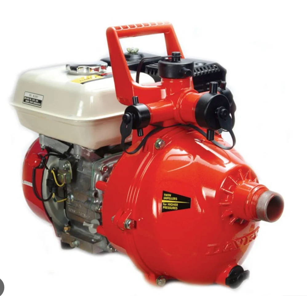 Davey AK304 Two Stage Pump* - GX160 Honda recoil start engine. 65 gpm and 48 psi. 20 gpm and 120 psi. 3-way discharge manifold, (one 1-1/2", two 1" ports)